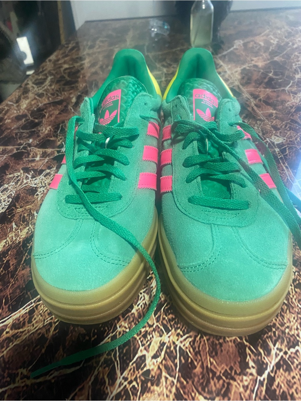 adidas Green Suede Sneakers with Pink Stripes and Gold Sole